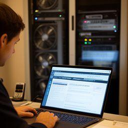 Technician studying incident logs on a laptop beside a server rack in a small business office