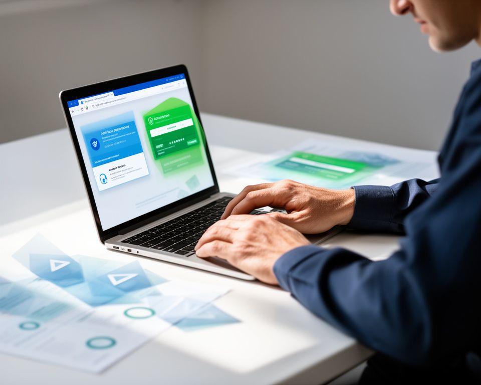 Technician reviewing antivirus subscription options on a bright desk with layered security notes